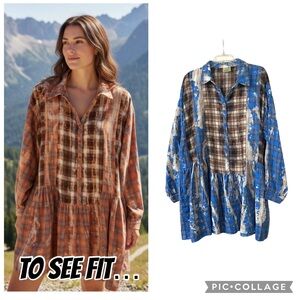 Jaded Gypsy Plaid Mini Dress in Blue & Brown Bleached Light Flannel Size XL